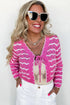 Cropped Wavy Stripe Knit Scallop Trim Tie Front Cardigan